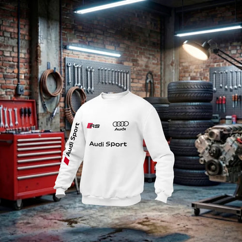 Moletom unissex Audi RS Performance, feito à mão, em branco com detalhes esportivos, ideal para fãs de carros Audi.