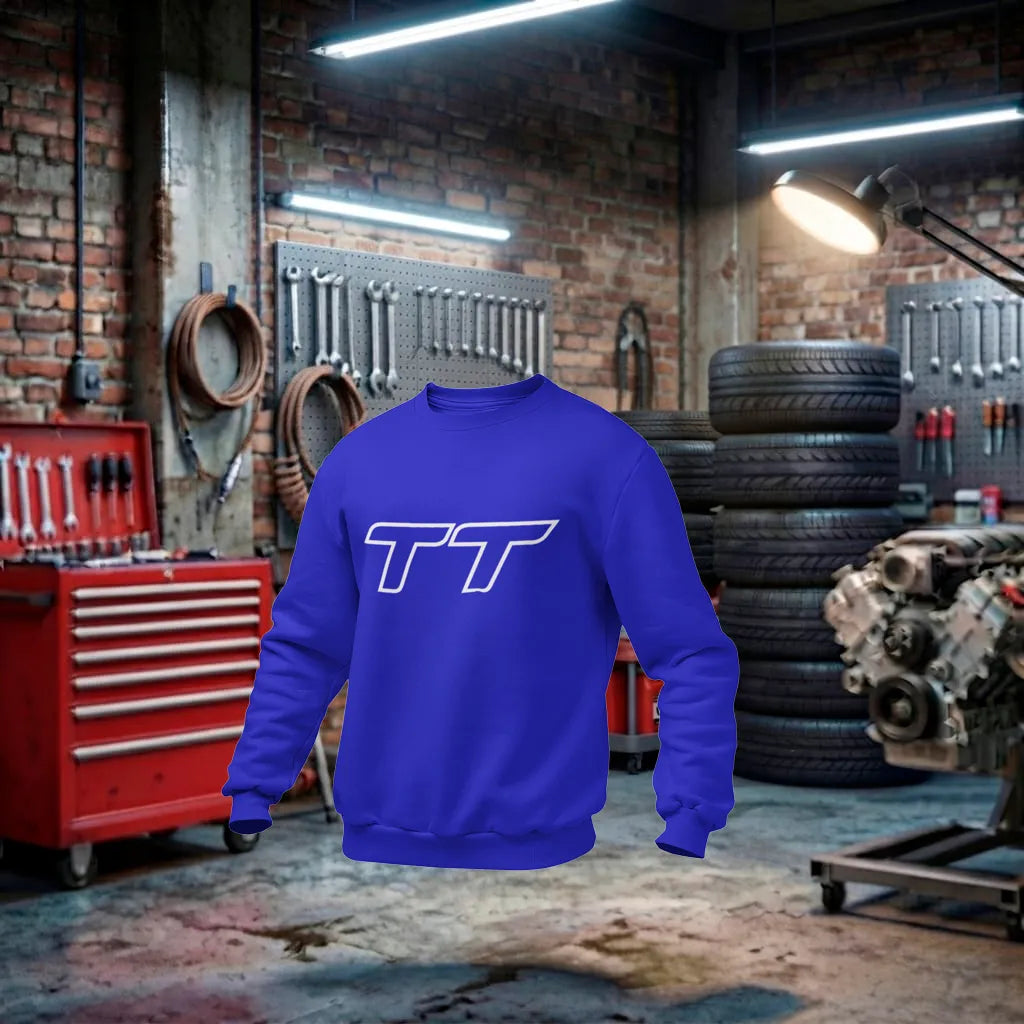 Moletom unissex Audi RS Performance feito à mão, azul com detalhes do carro Audi TT, estilo esportivo e confortável.