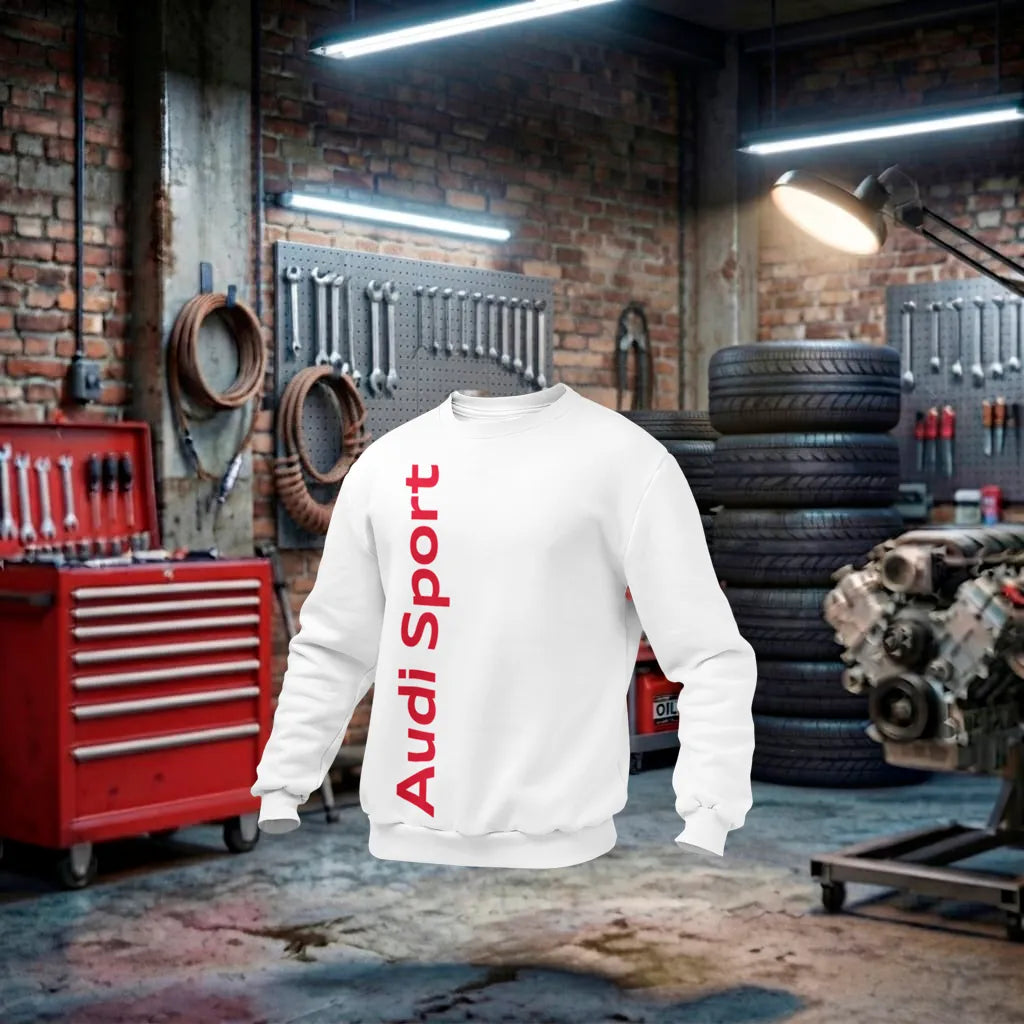 Moletom branco Audi Sport Mono unissex, feito à mão, com estampa de carro, confortável e ideal para fãs de automóveis.