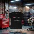 Camiseta preta Audi Sport Performance Lady feita à mão, com design esportivo para mulheres apaixonadas por carros e velocidade.