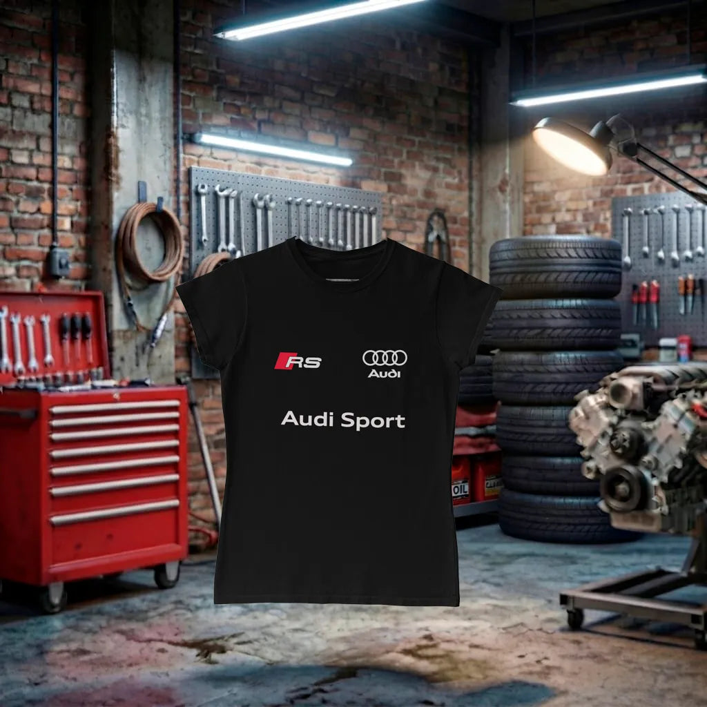 Camiseta preta Audi Sport Performance Lady feita à mão, com design esportivo para mulheres apaixonadas por carros e velocidade.