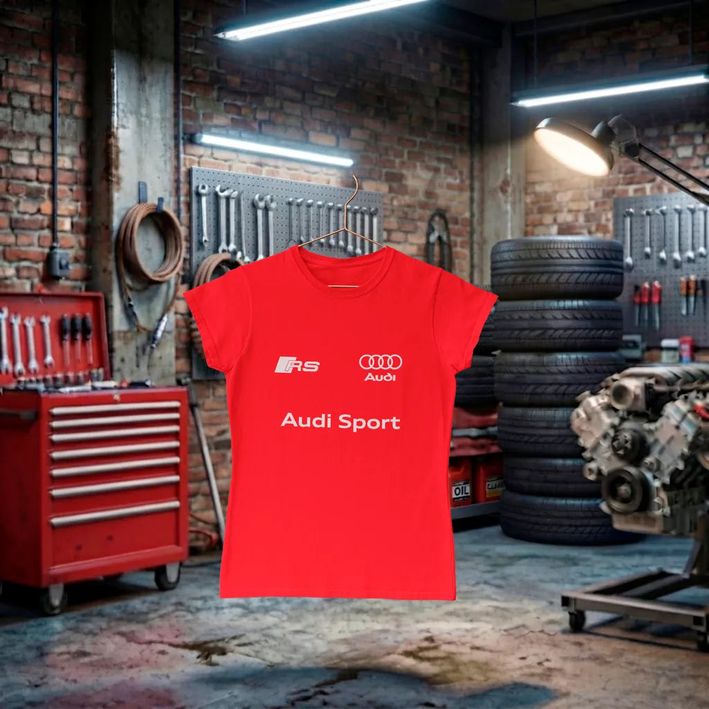 Camisa T-Shirt Audi Sport Performance Lady vermelha, feita à mão, com design esportivo para mulheres fãs de automobilismo.
