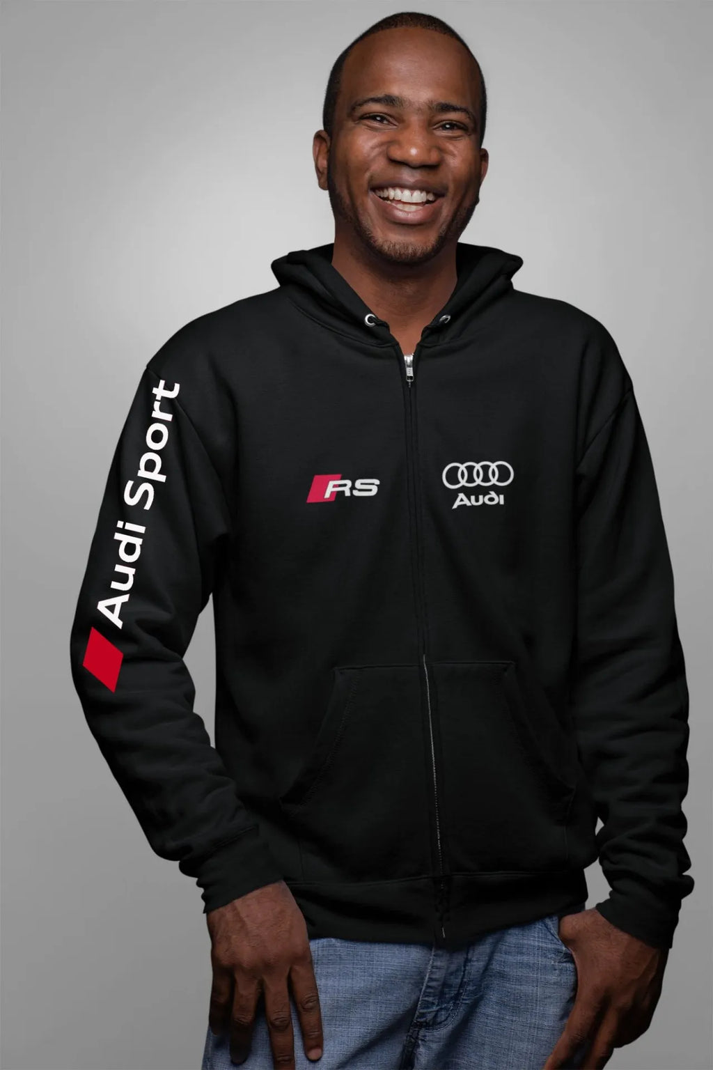 Moletom unissex Audi RS Performance com fechamento zíper preto, feito artesanalmente, ideal para fãs de automobilismo e estilo casual.