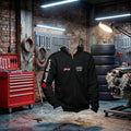 Moletom unissex Audi RS Performance Hoodie preto com zíper, feito à mão, com detalhes elegantes e logos da marca Audi.