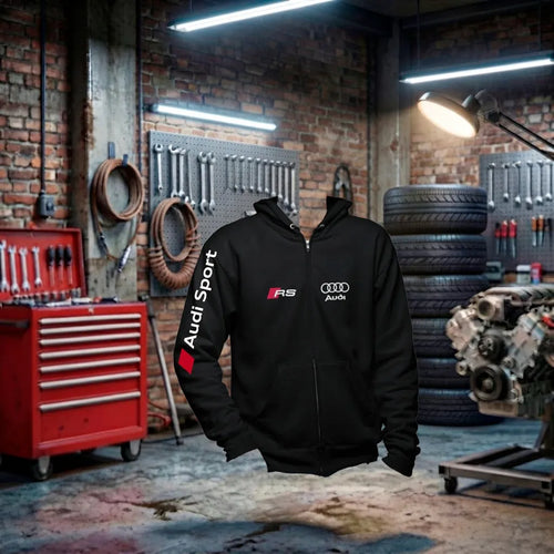 Moletom unissex Audi RS Performance Hoodie preto com zíper, feito à mão, com detalhes elegantes e logos da marca Audi.