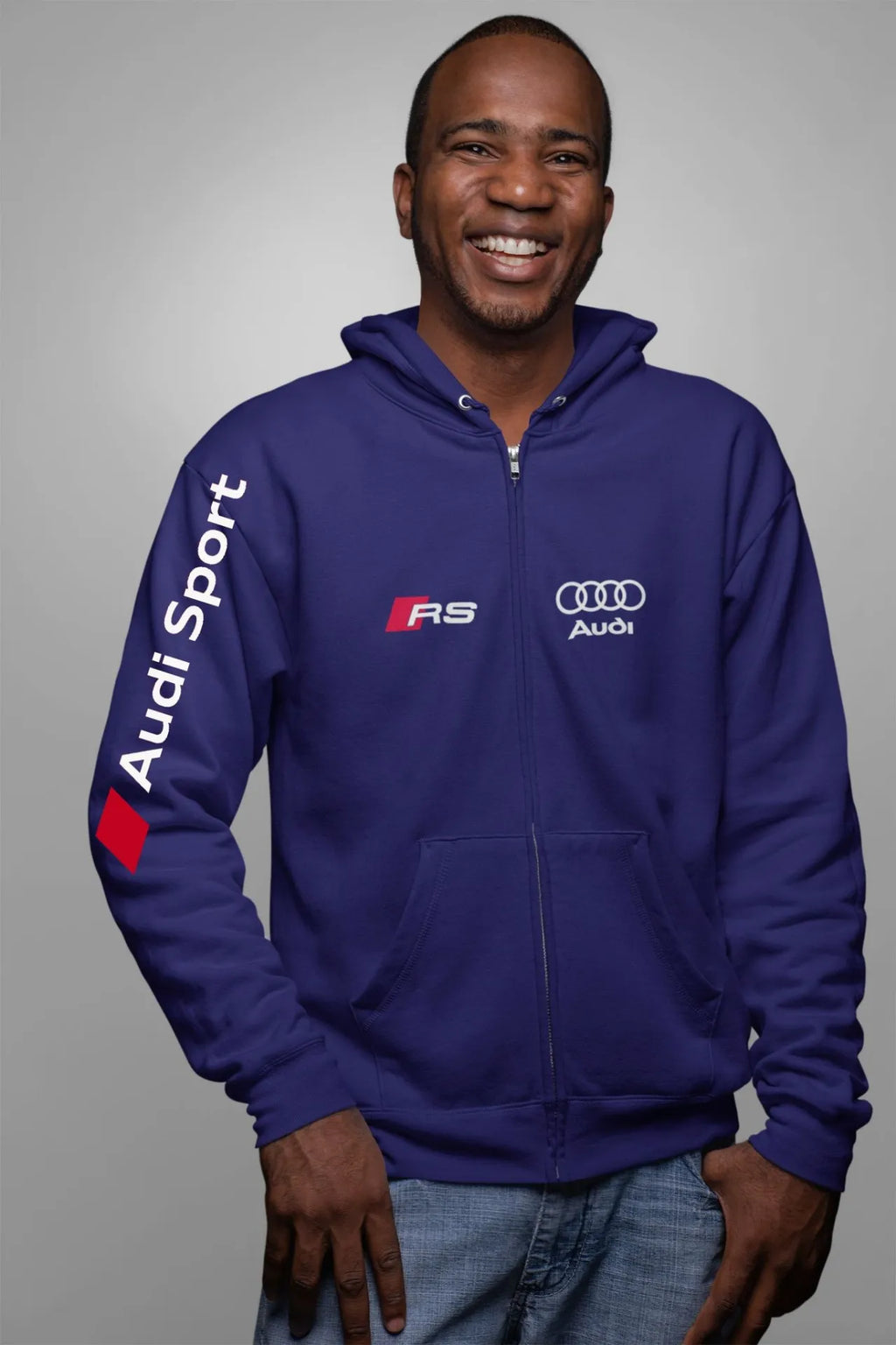 Moletom Audi RS Performance unissex azul marinho com zíper, detalhes de design esportivo e logotipo Audi na frente.