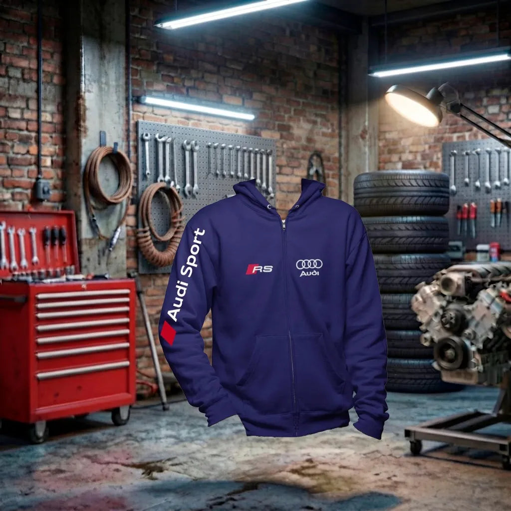 Moletom unissex Audi RS Performance Hoodie em azul marinho com zíper, feito artesanalmente, estilo petrolhead.
