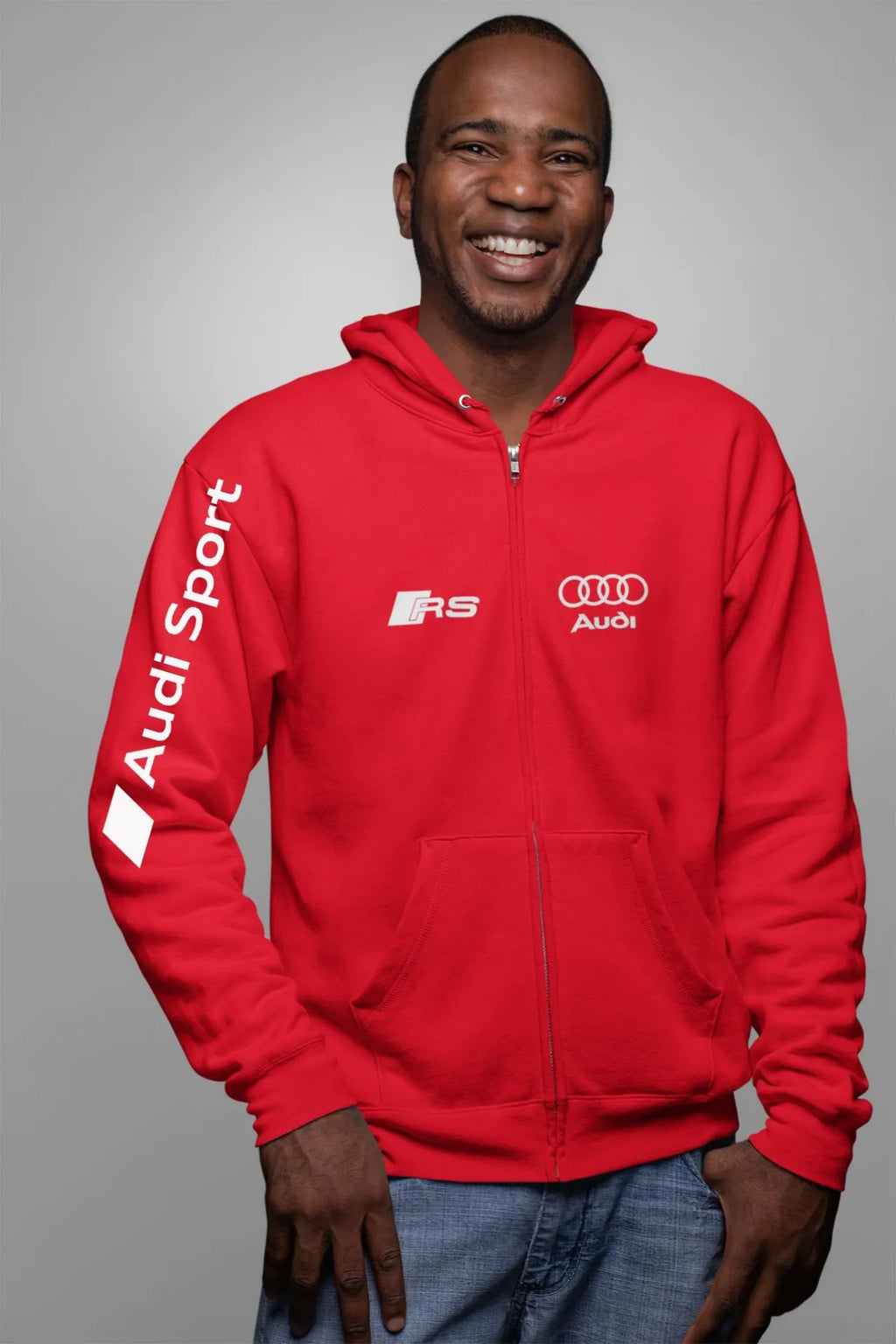 Moletom Audi RS Performance unissex vermelho com fechamento em zíper, destaque para detalhes do design e logo da marca.